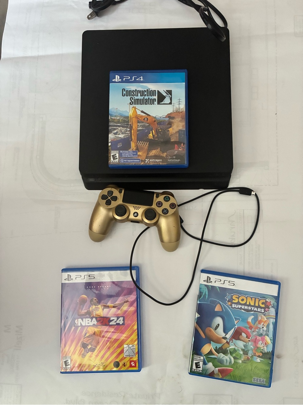 Sony Black PS4 Slim 500GB, Gold Wireless Controller, Game Set, PS4 / PS5 games